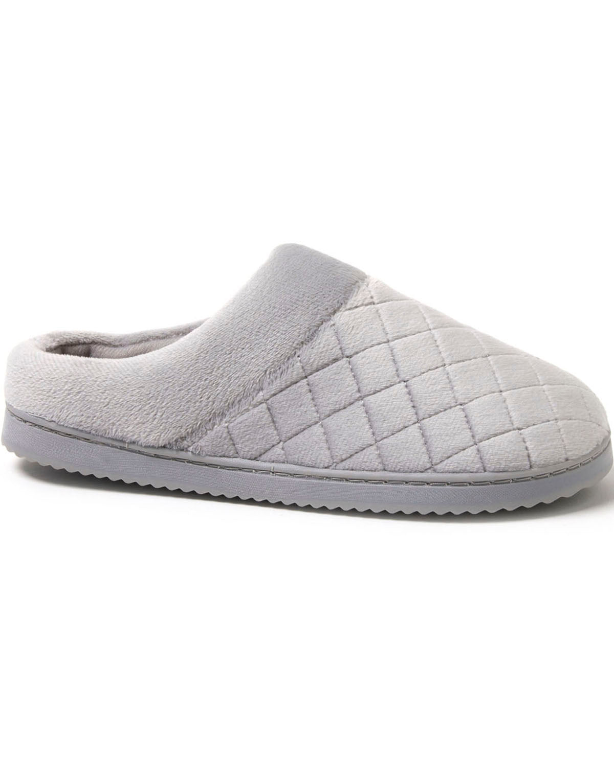 A single light gray slip-on house slipper with a quilted diamond pattern on the upper and a textured gray sole, shown against a plain white background.