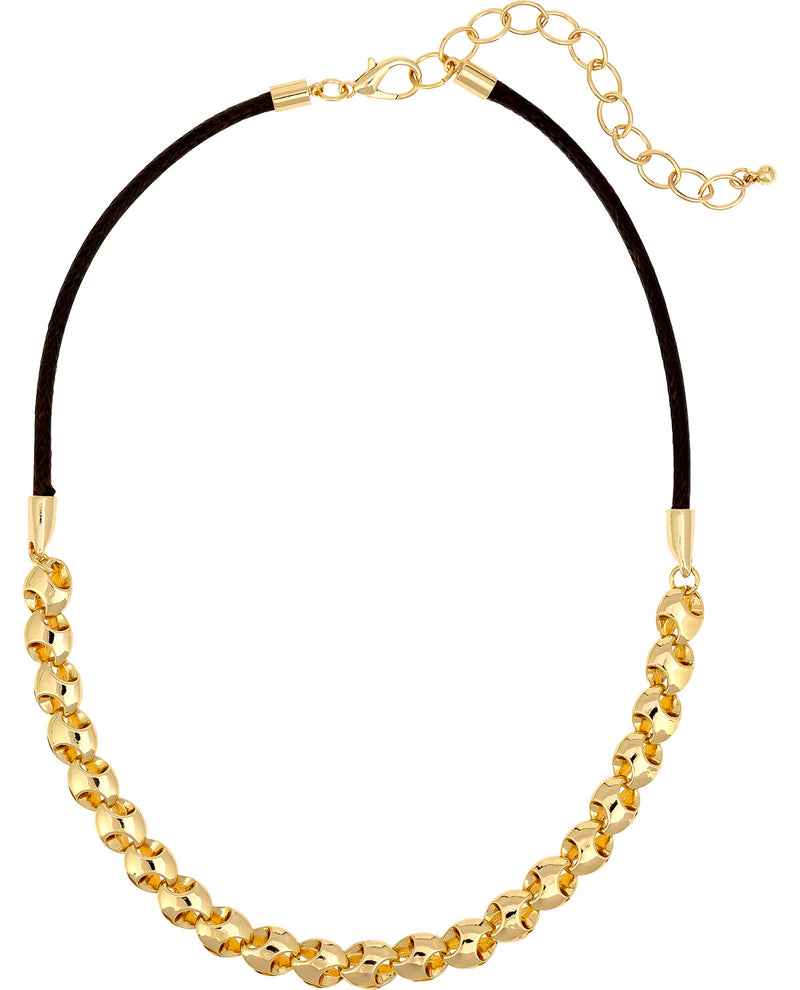 Gold chain necklace with black cord on a white background