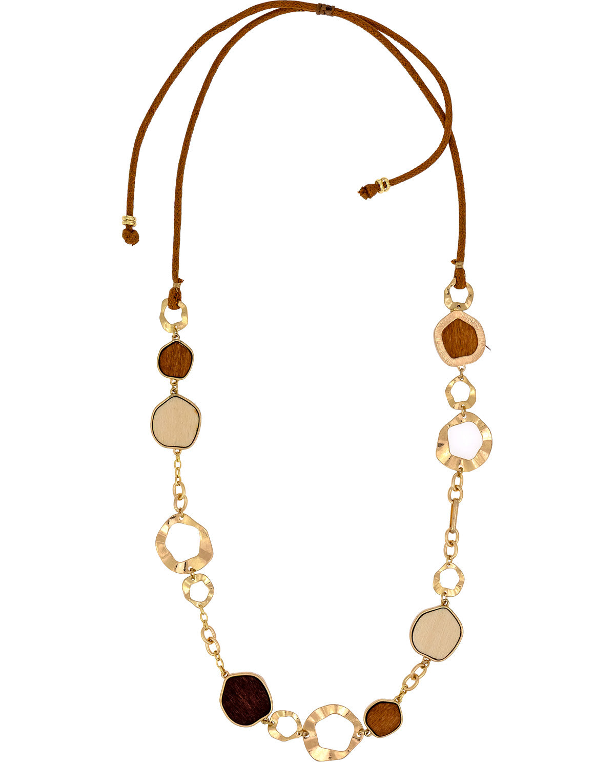 Necklace with gold and brown beads on a white background
