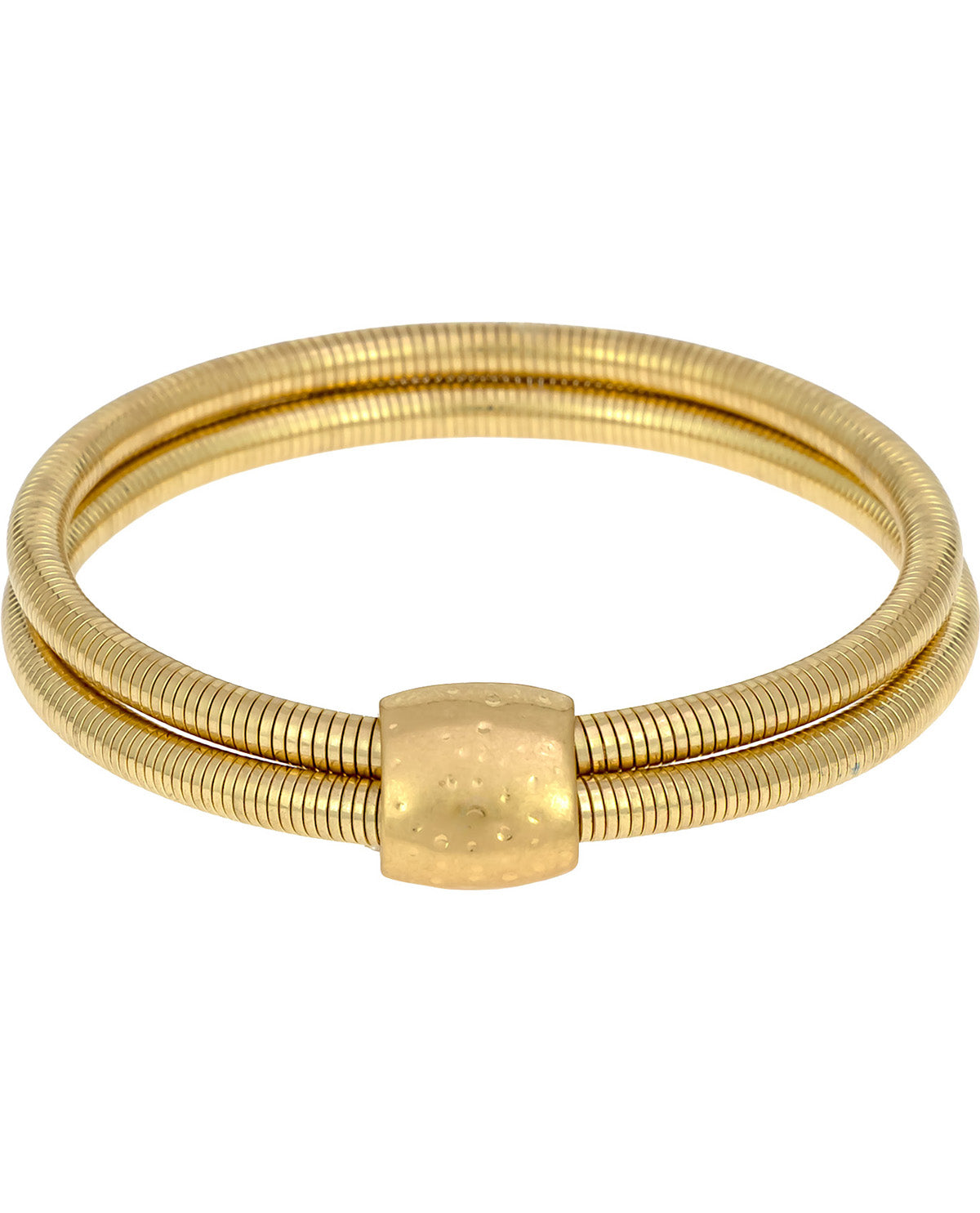 Gold bracelet with a unique clasp design on a white background