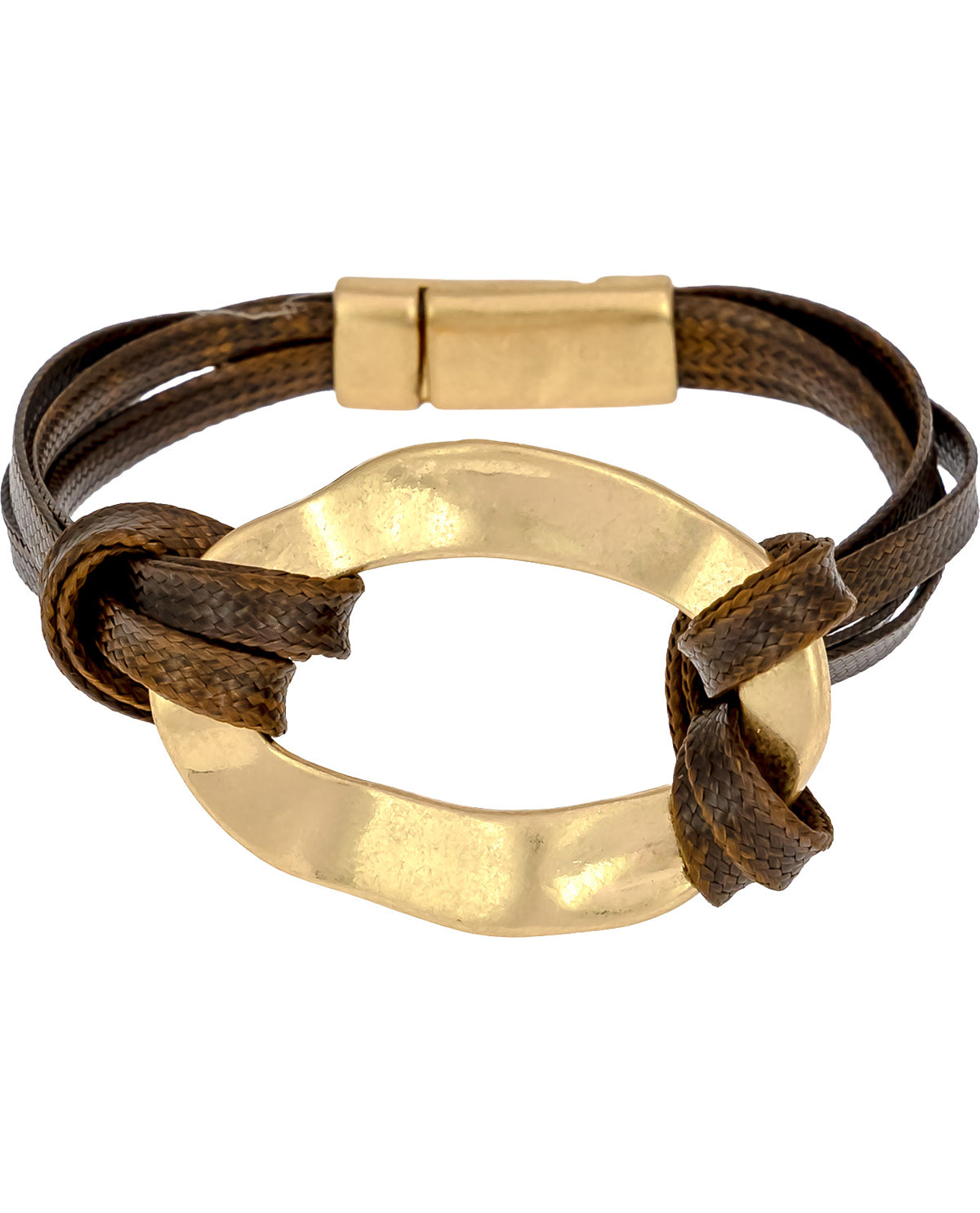 Bracelet with gold clasp and brown leather straps on a white background