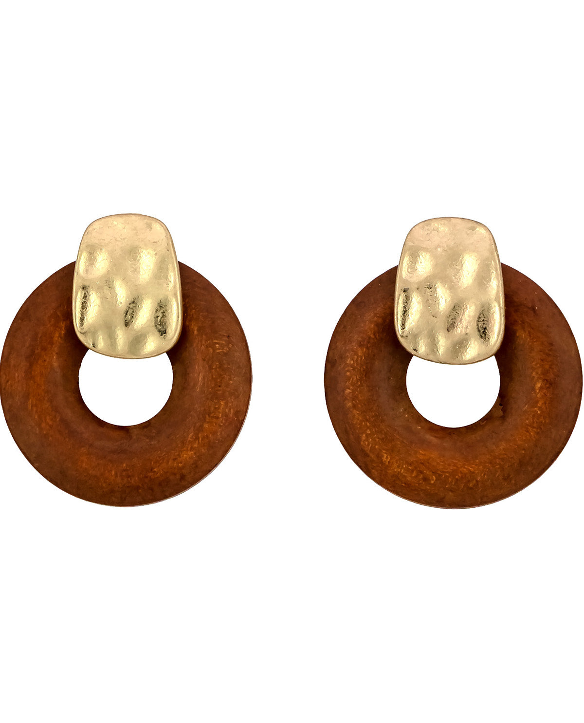 Pair of earrings with gold tops and brown circular bases on a white background