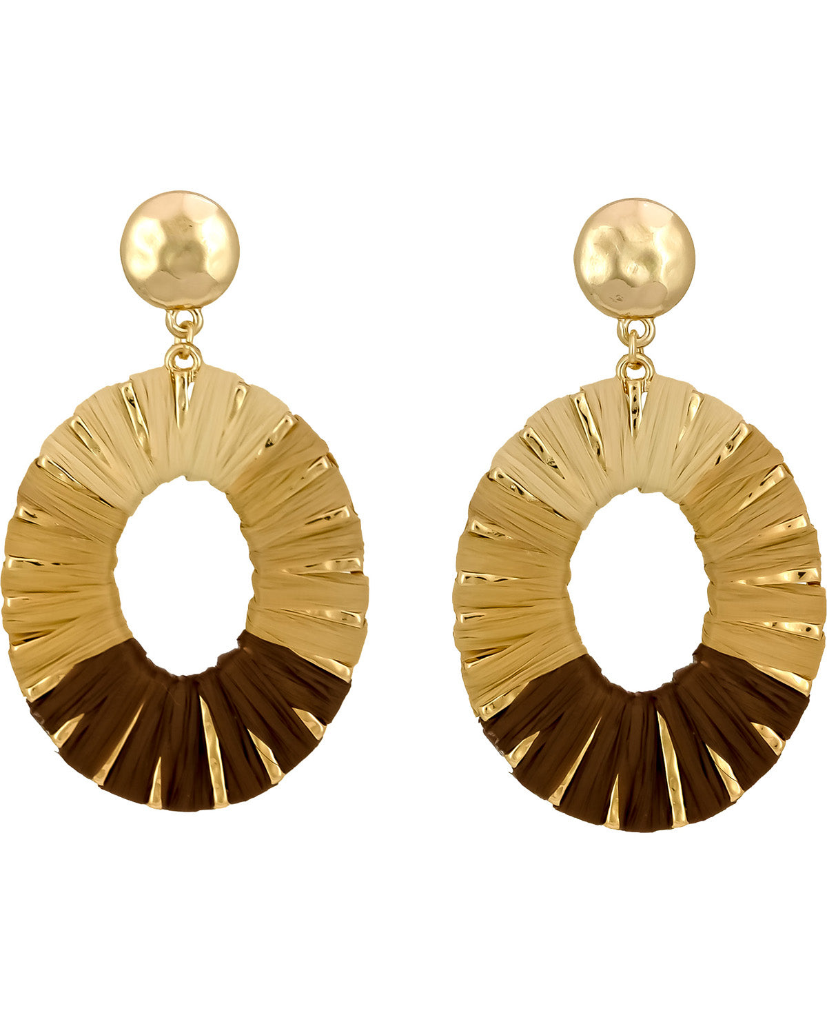Gold and brown circular earrings on a white background