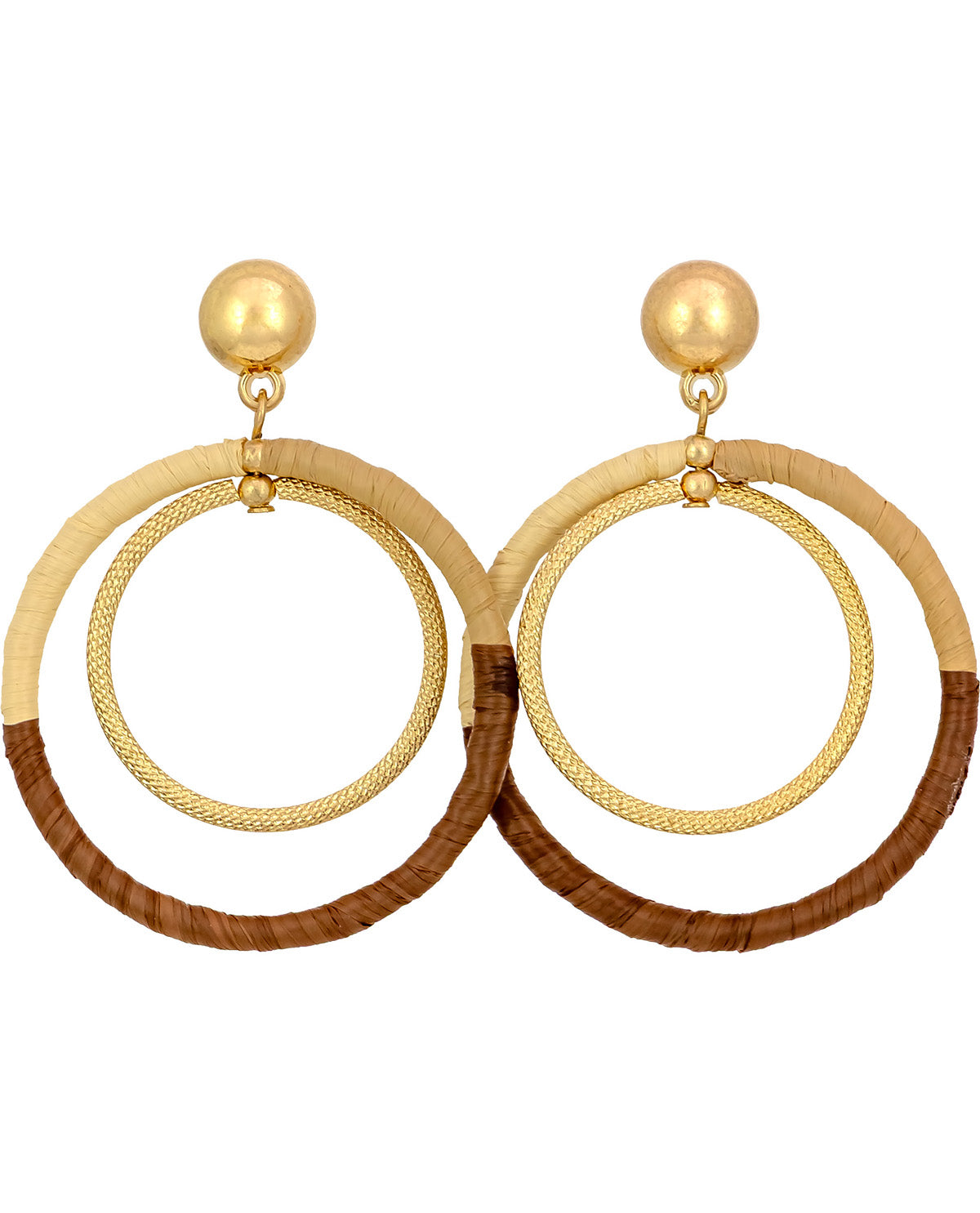 Pair of earrings with gold and brown circular design on a white background