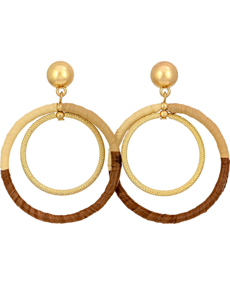 Pair of earrings with gold and brown circular design on a white background