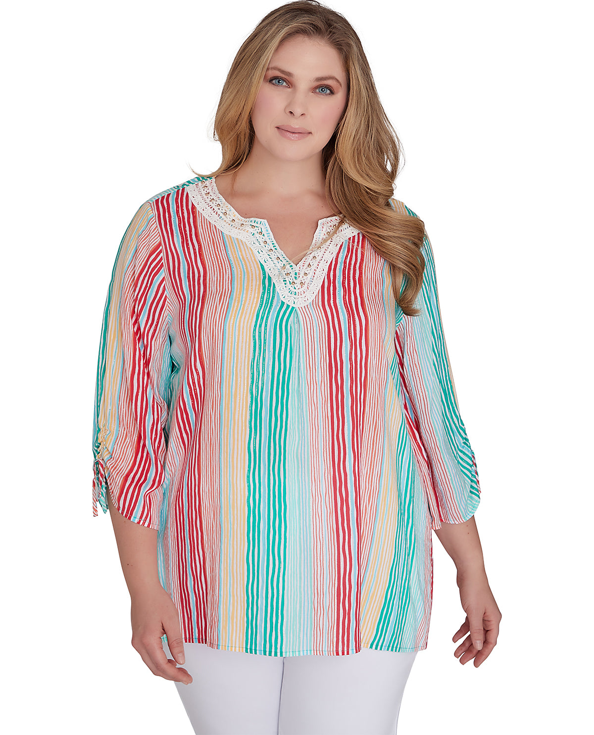 RUBY ROAD METALLIC STRIPE RAYON TIE SLEEVE TOP