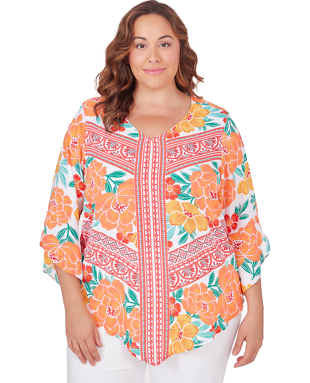 Ruby Road Plus Printed Crepe V-Neck Top