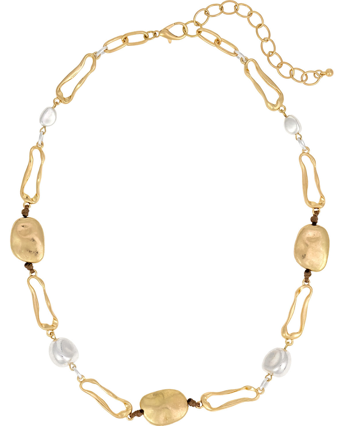 A gold-toned link necklace featuring irregular gold beads, small white baroque pearls, and dark brown spacer beads, displayed on a clean white background.