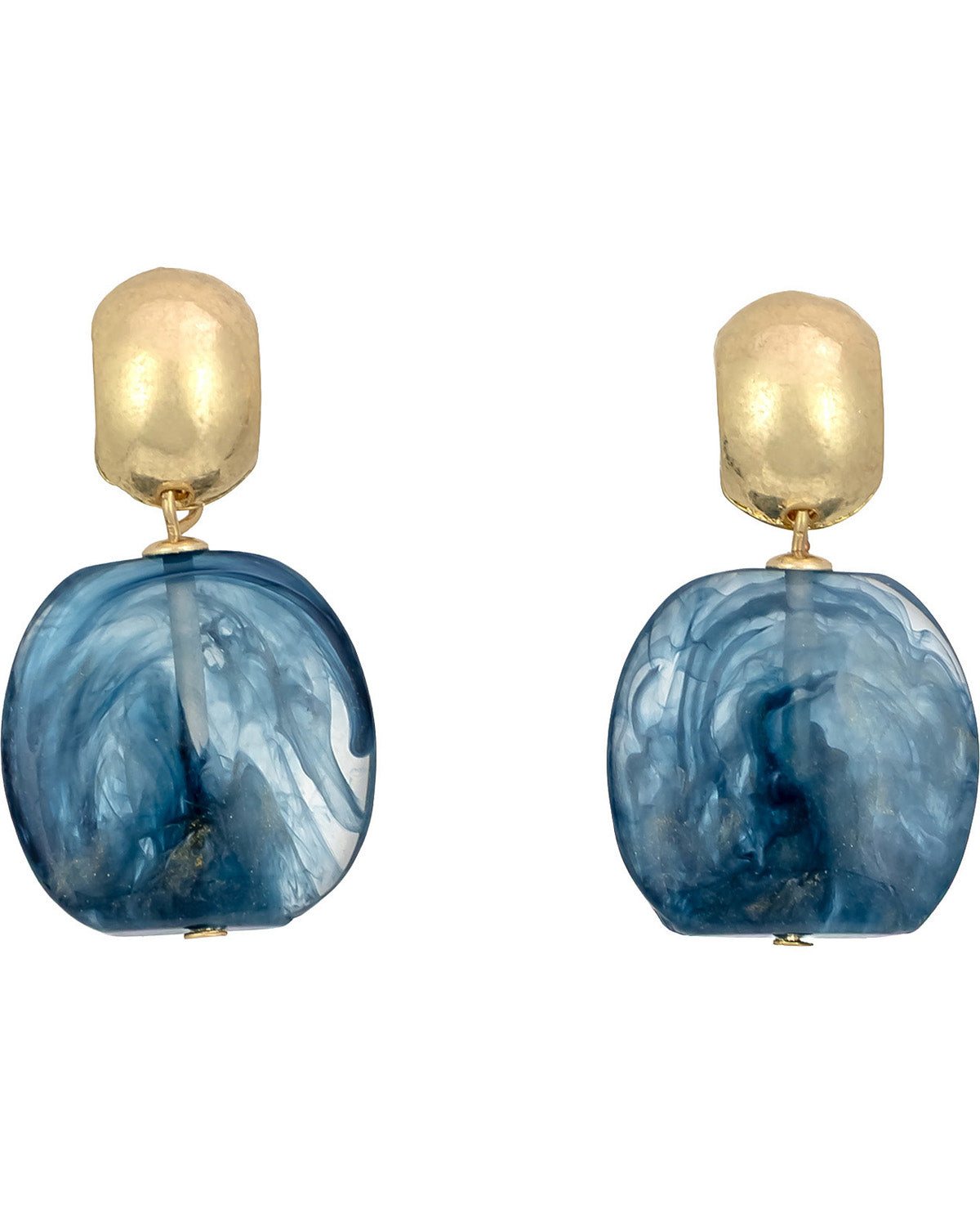 A pair of drop earrings featuring textured gold-toned posts and irregular, rounded blue marbled resin pendants on a plain white background.