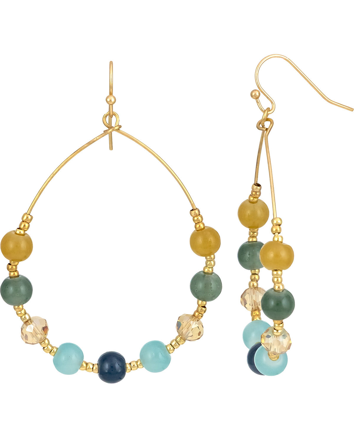A pair of gold-tone hoop earrings with dangling beaded chains featuring round beads in yellow, green, light blue, navy, and clear crystal.