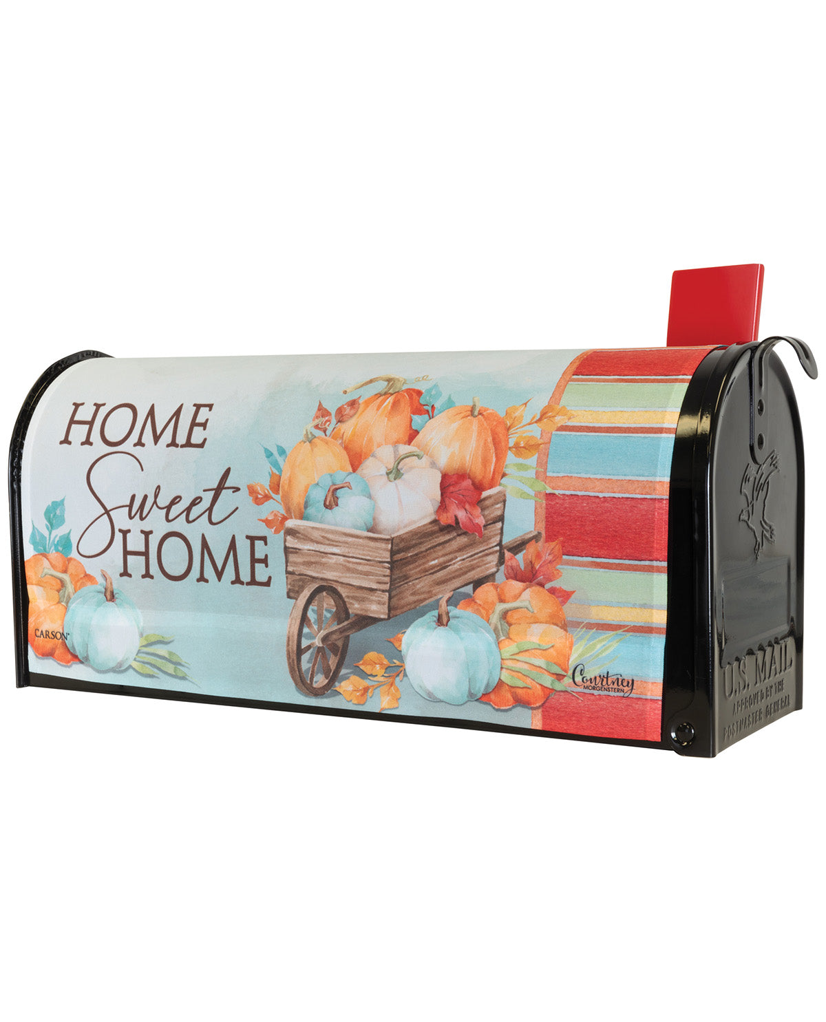 A black metal mailbox decorated with a colorful autumn-themed wrap featuring pumpkins, fall leaves, and the words 'HOME Sweet HOME'. The mailbox has a red flag and is shown against a plain white background.