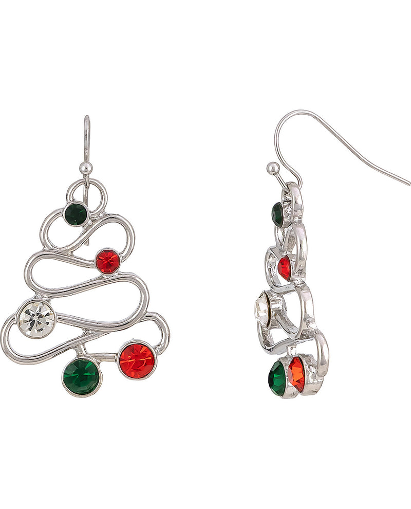 A pair of silver-tone dangle earrings shaped like a stylized Christmas tree, featuring red and green faceted crystal accents on a white background.