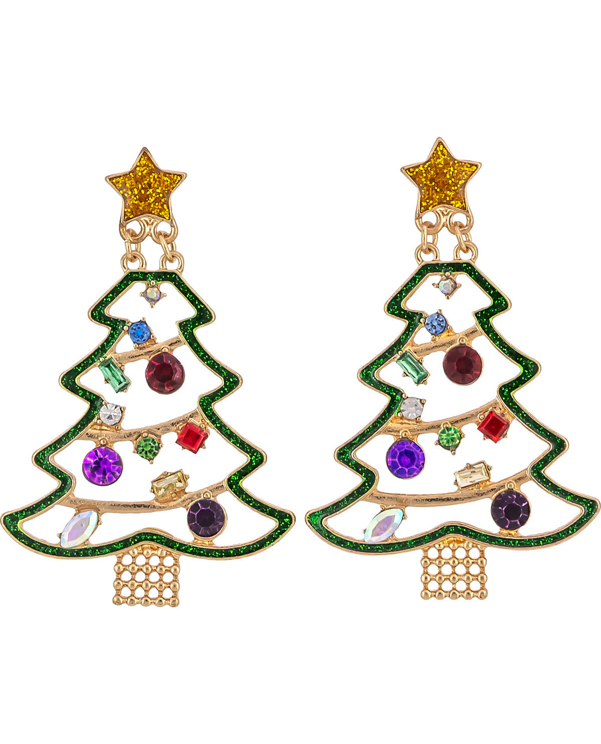 A pair of gold-tone Christmas tree-shaped drop earrings decorated with green crystal trim, colorful rhinestones, and gold star tops, shown on a plain white background.