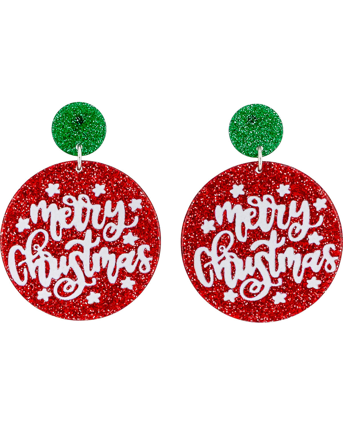 A pair of dangling holiday earrings with round red glitter discs that read 'Merry Christmas' in white script, accented with small white stars, and topped with green glitter studs.