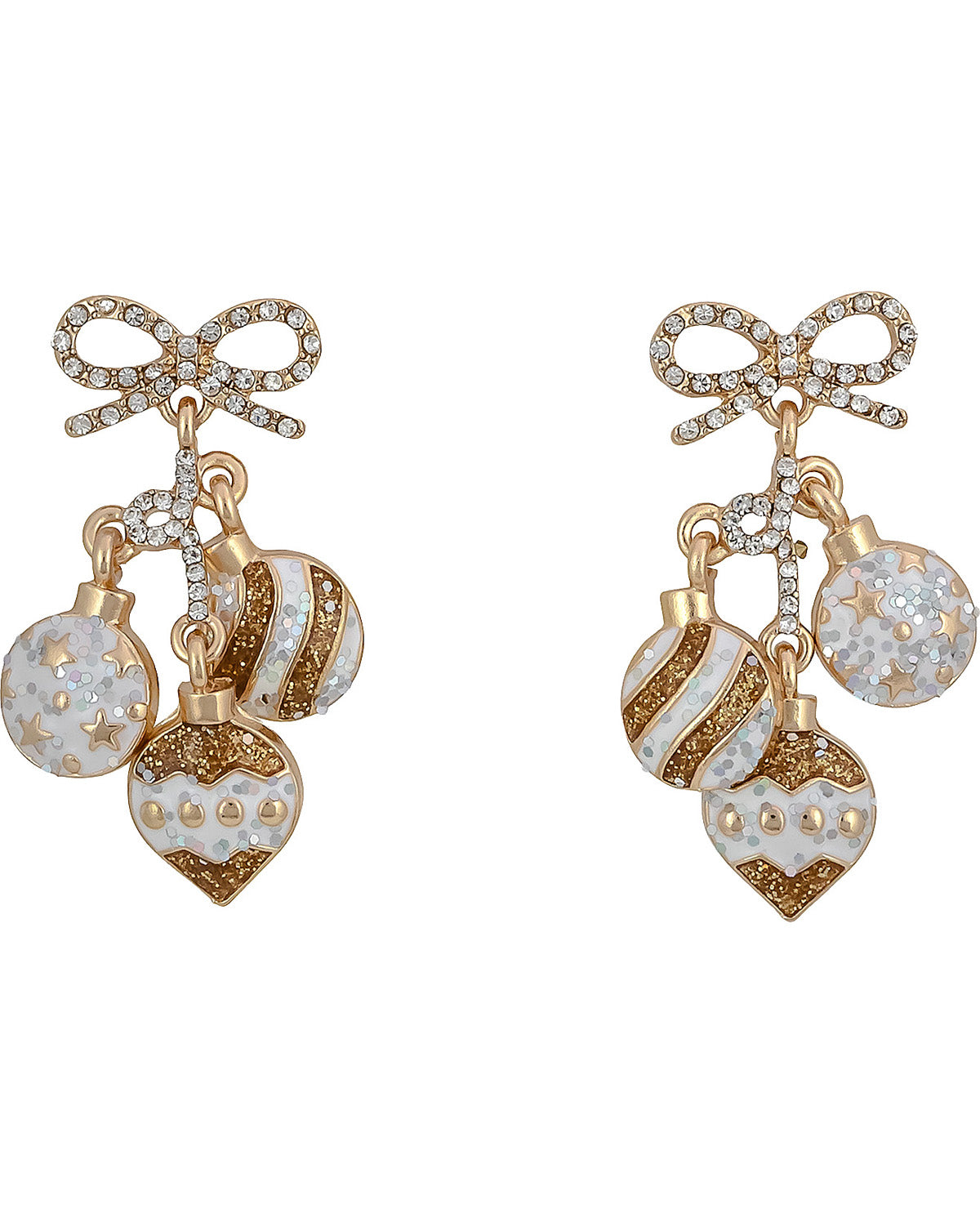 A pair of gold-toned dangle earrings with rhinestone bow tops and hanging ornament charms, including striped and textured baubles in white, gold, and clear rhinestone detailing, shown on a plain white background.