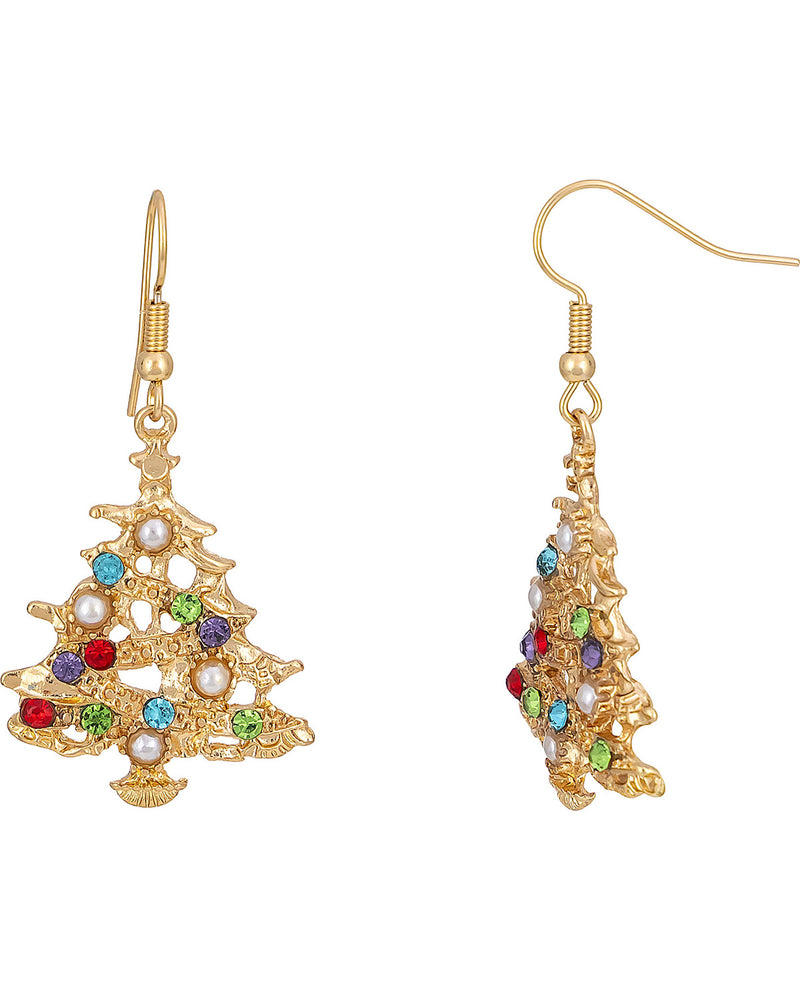 A pair of gold dangle earrings shaped like Christmas trees, embellished with small colorful rhinestones in red, blue, green, and purple, and accented with white faux pearls, shown on a plain white background.