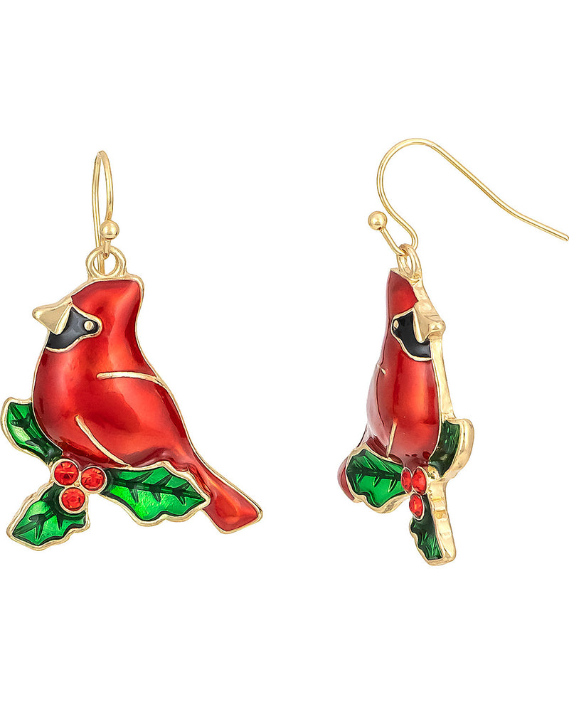 A pair of gold-tone dangle earrings shaped like cardinals perched on holly branches, with red enamel bodies, green holly leaves, and small red berry accents on a plain white background.