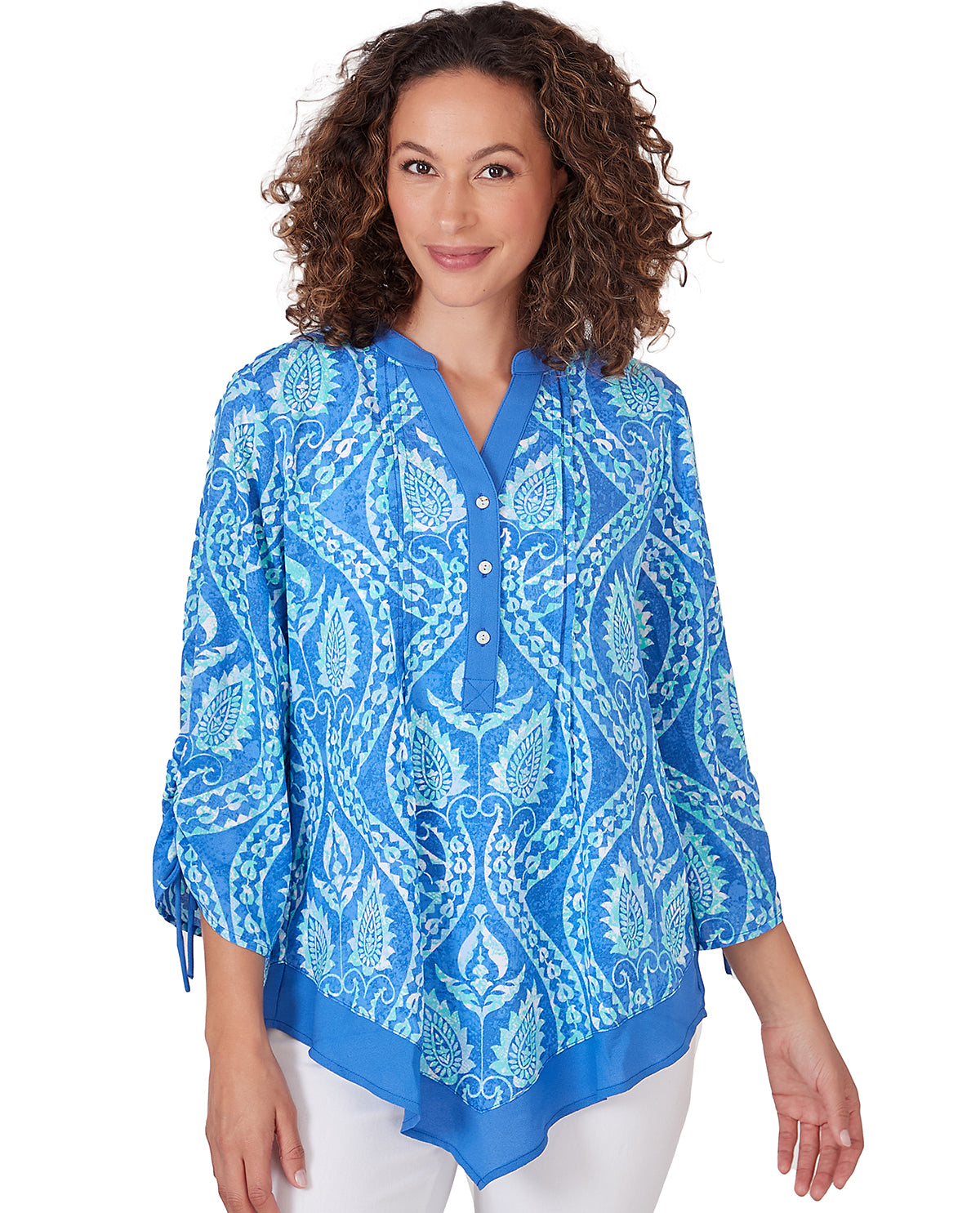 Petite Ruby Road Bali Blue Crepe Print Tie Sleeve Top