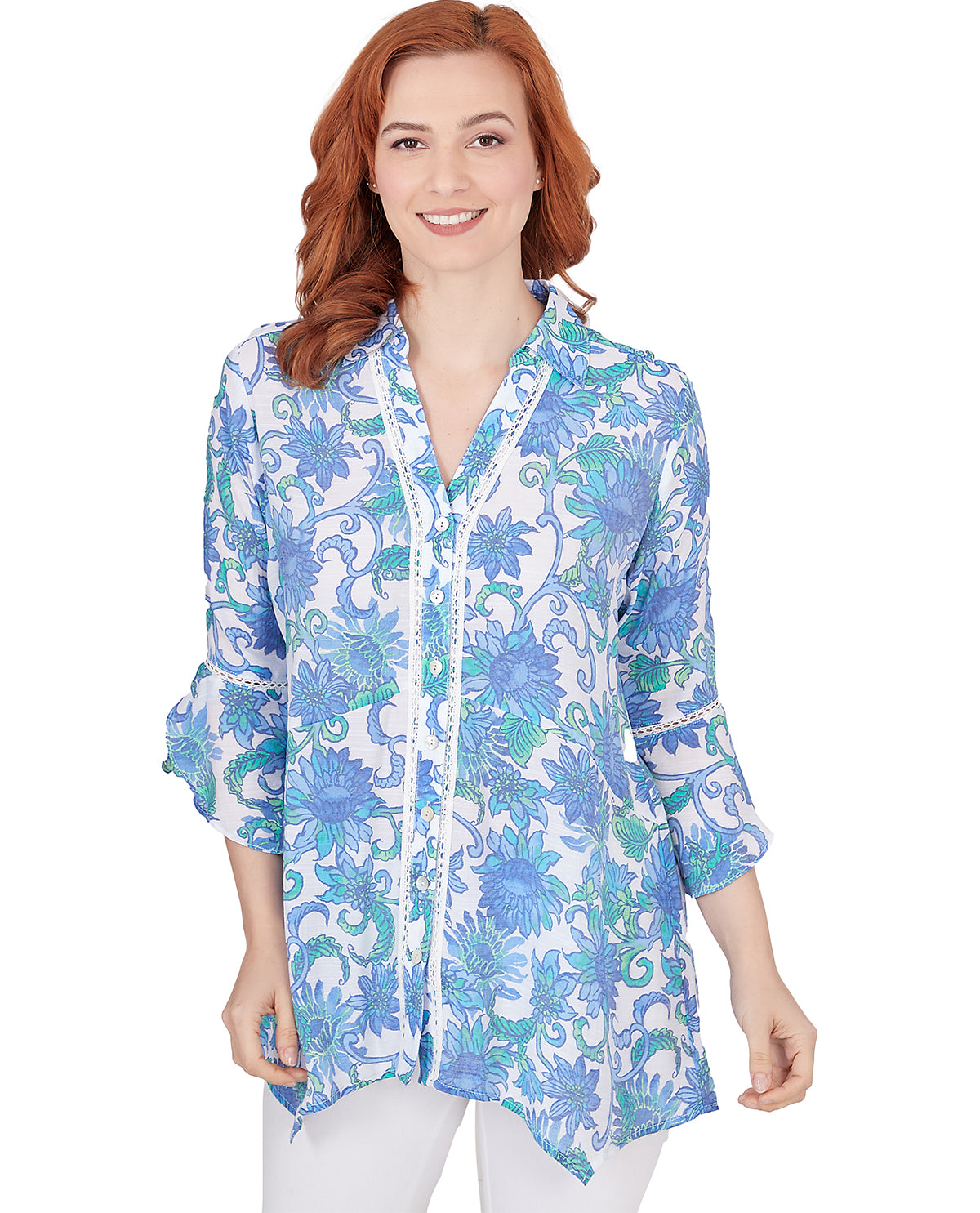 Ruby Road Petite Bali Blue Print Silky Slub Top