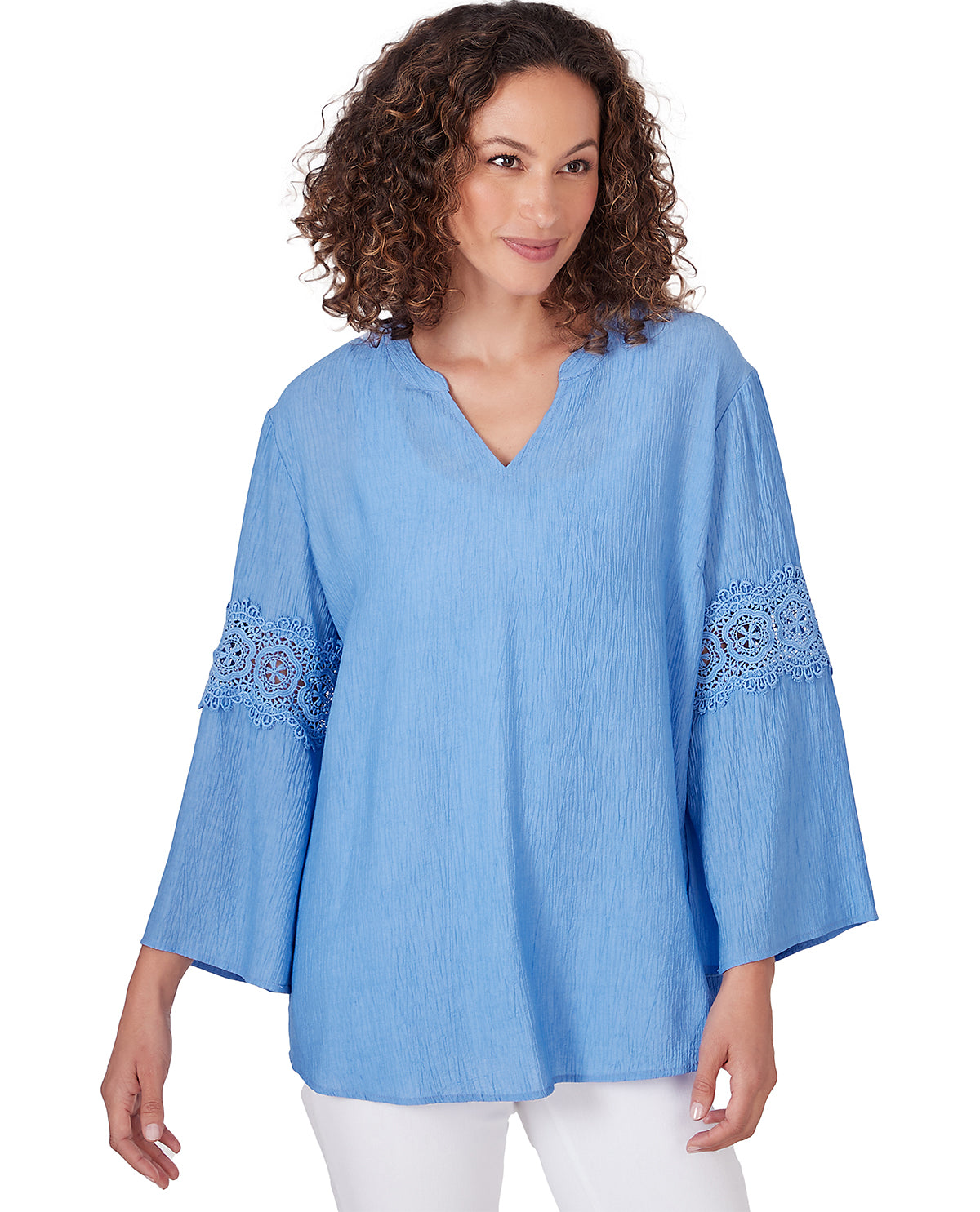 Ruby Road Petite Bali Blue Solid Rayon Gauze V-Neck Top