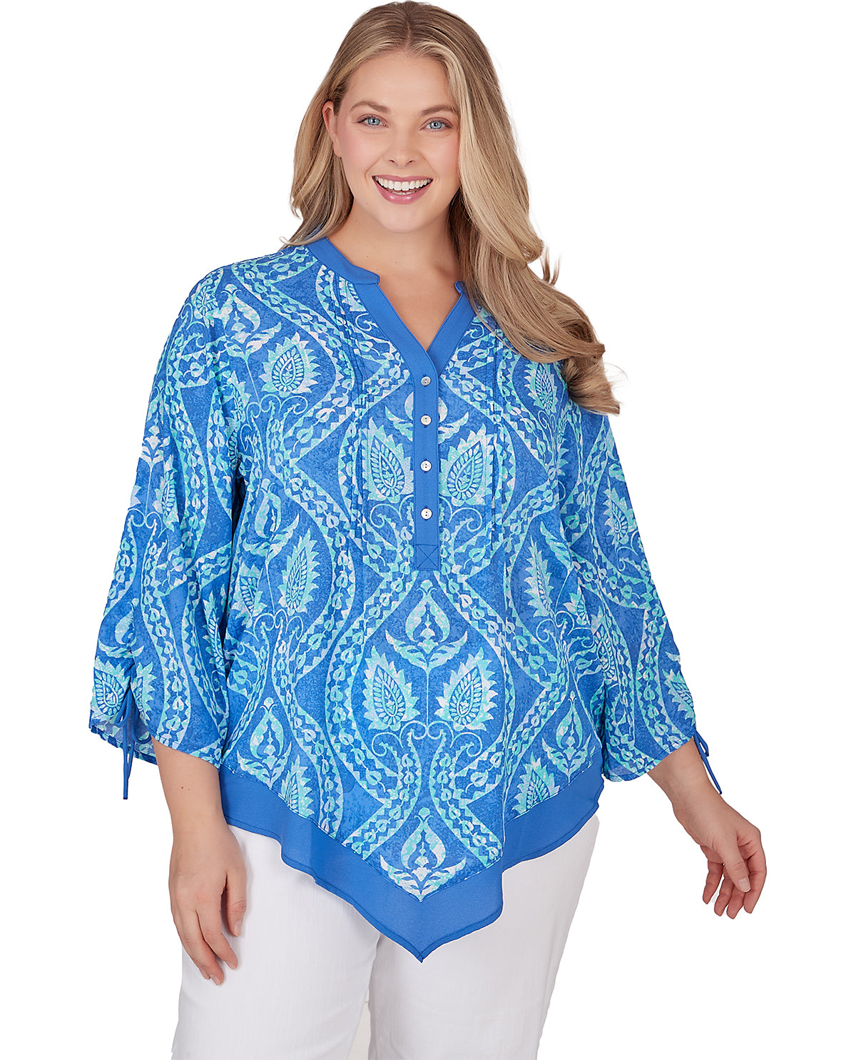 Ruby Road Plus Bali Blue Printed Crepe Tie Sleeve Top