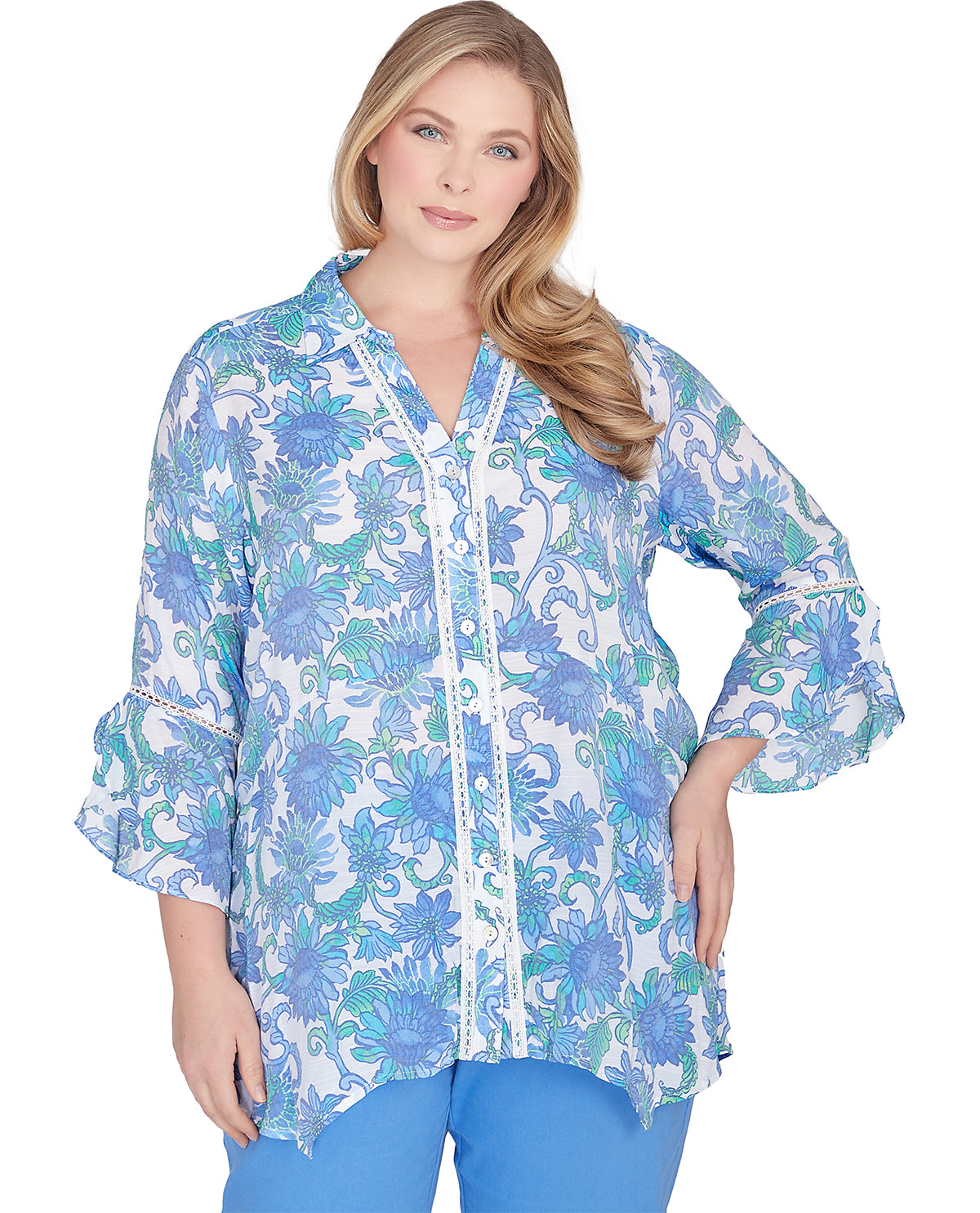 Ruby Road Plus Bali Blue Printed Silky Slub Ruffle Sleeve Top