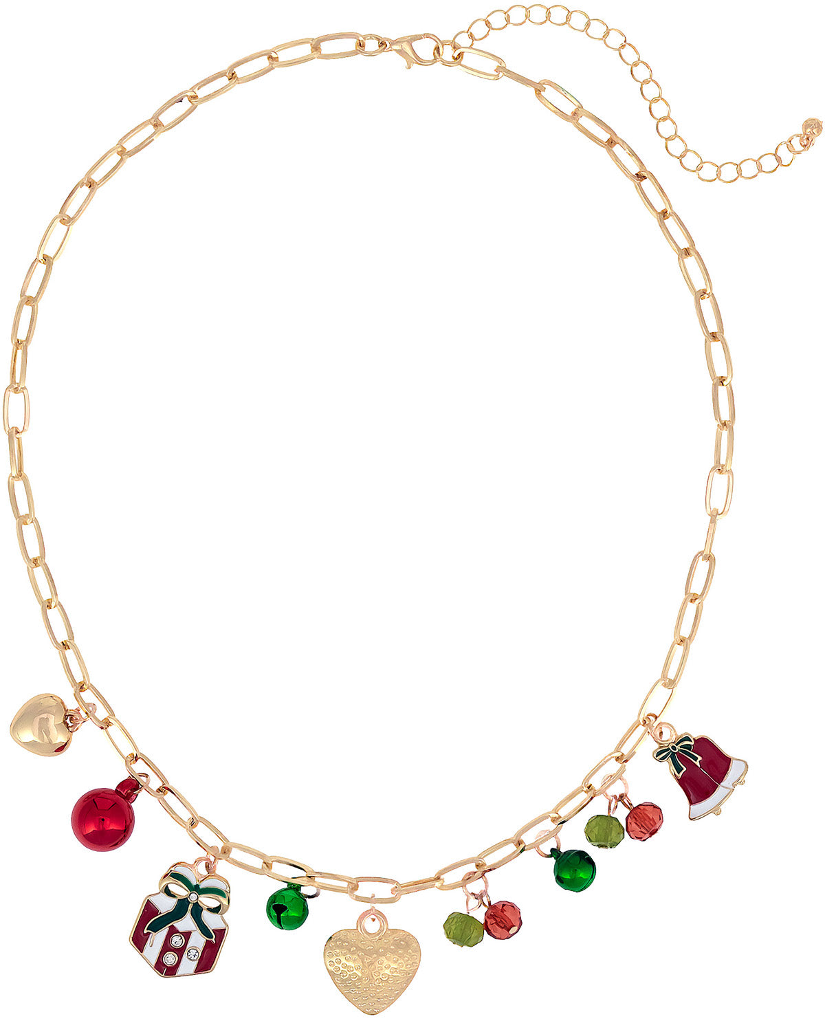 A gold chain necklace with a paperclip link style and multiple Christmas-themed charms, including a red ornament, gift box, bell, and green and red beads, shown on a plain white background.