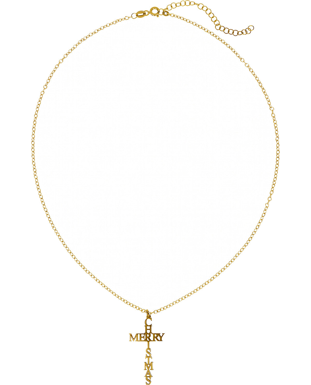 A gold chain necklace with a cross pendant spelling 'MERRY CHRISTMAS' vertically, shown on a plain white background.