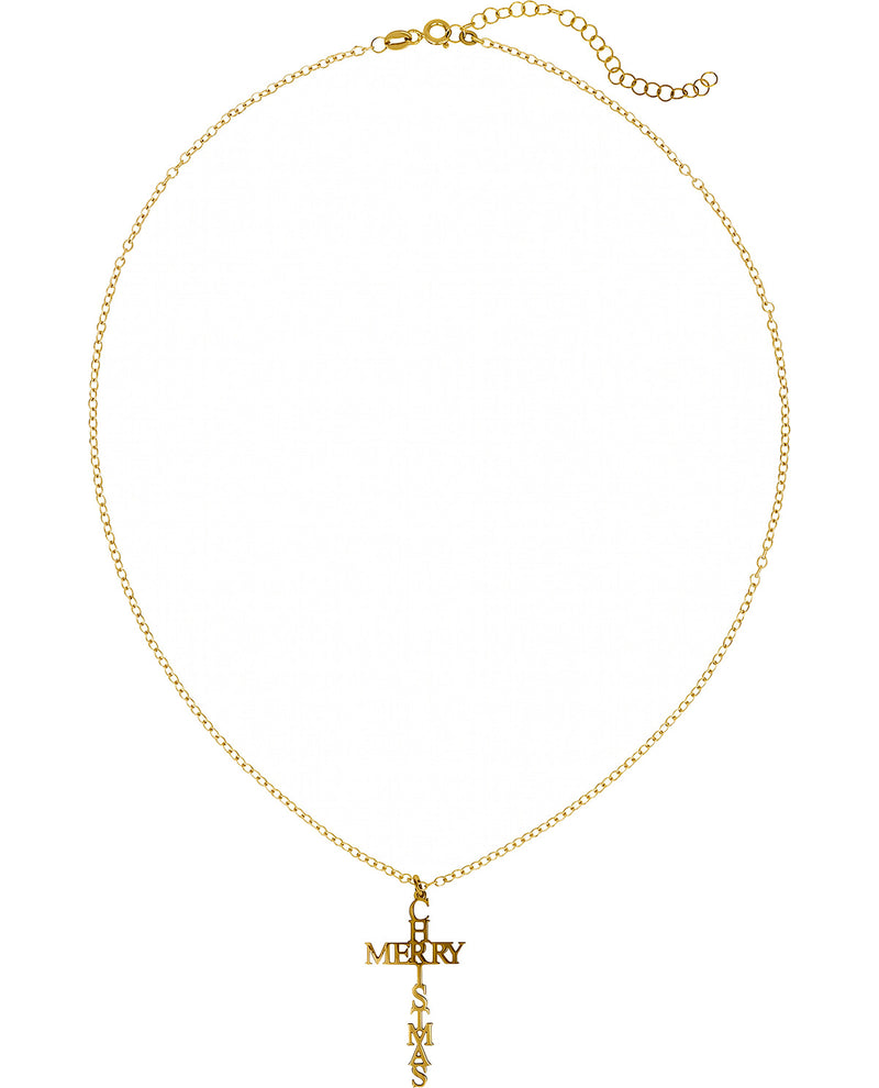 A gold chain necklace with a cross pendant spelling 'MERRY CHRISTMAS' vertically, shown on a plain white background.