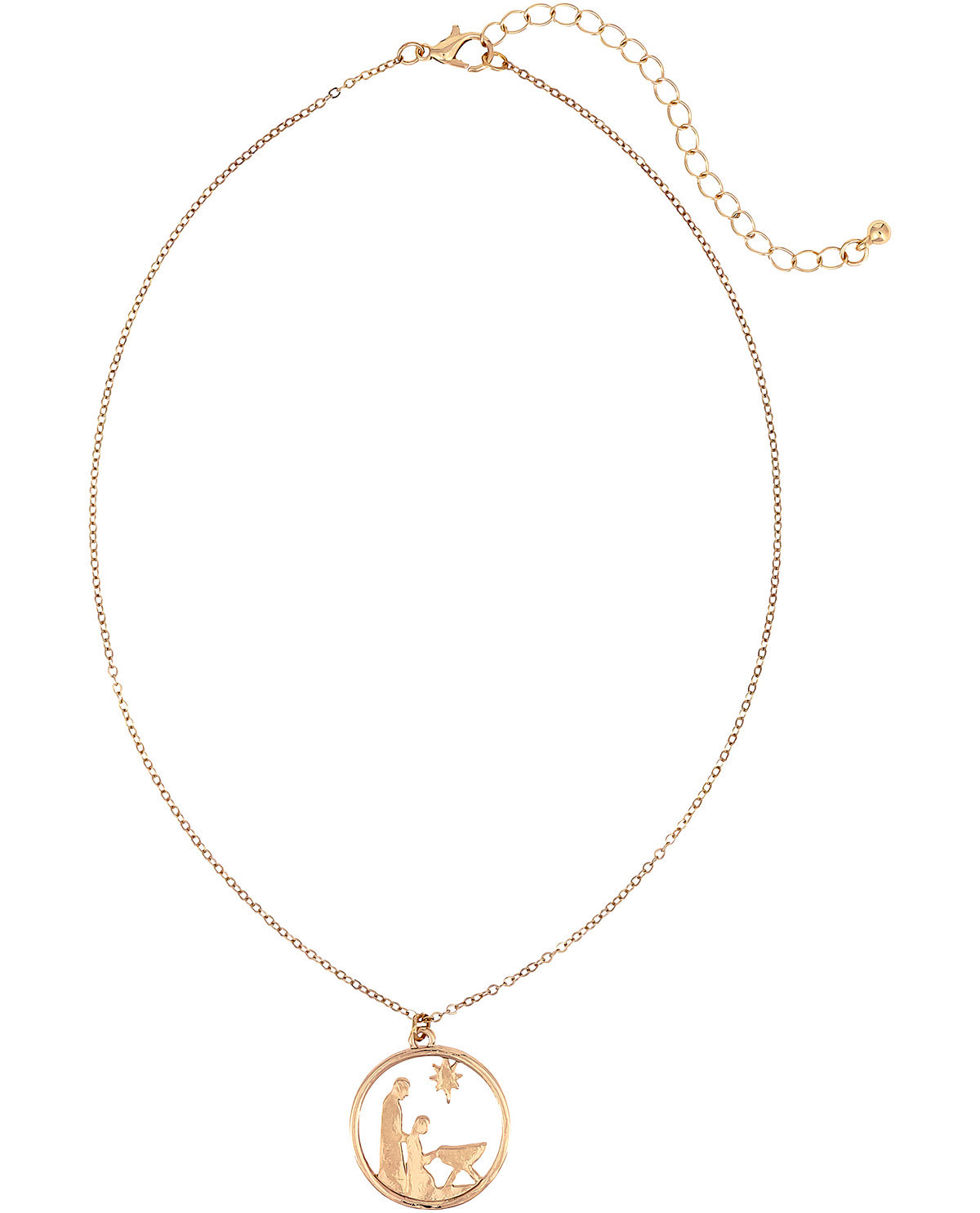 A delicate gold chain necklace with a circular pendant featuring a cutout design of a kneeling figure and a star, displayed on a clean white background.