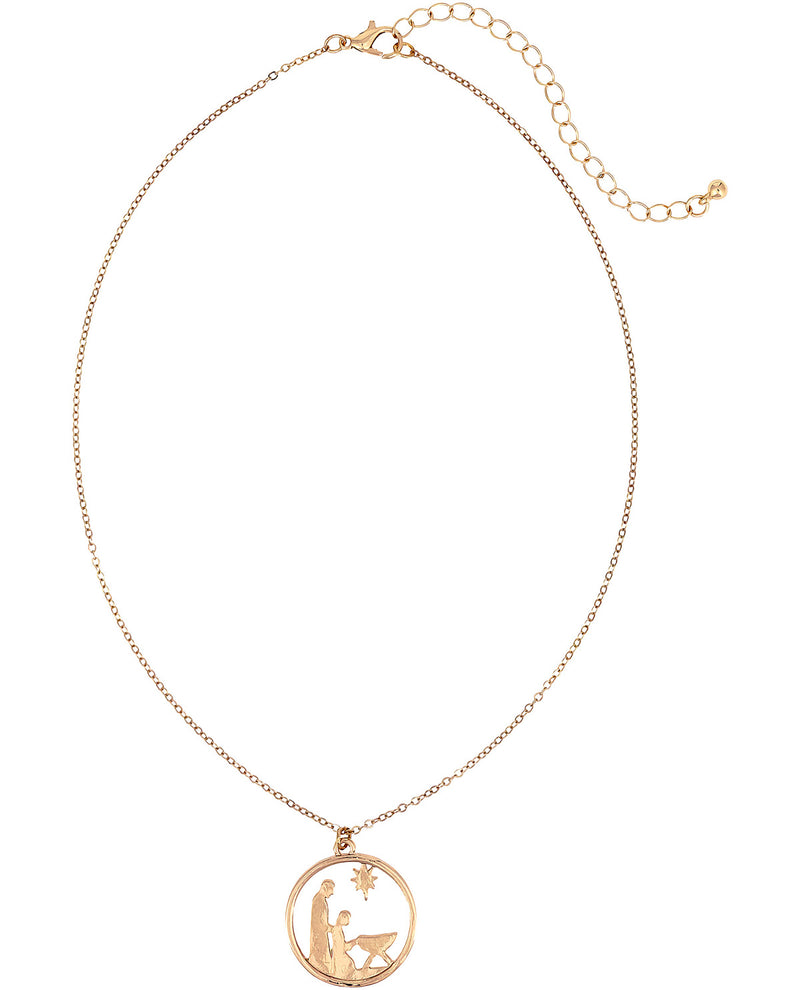 A delicate gold chain necklace with a circular pendant featuring a cutout design of a kneeling figure and a star, displayed on a clean white background.