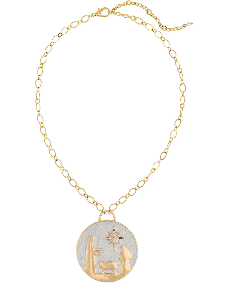 A gold chain necklace with a circular pendant featuring a silver-toned textured background and gold-toned silhouette details of figures and a star.