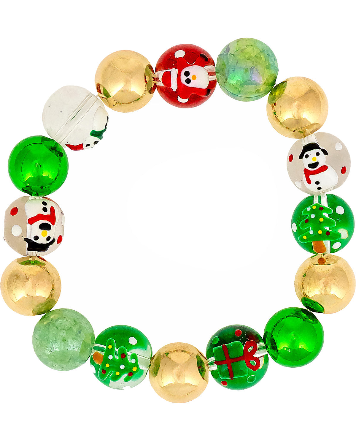 A festive Christmas-themed beaded bracelet featuring shiny gold, green, and red glass beads, some with printed snowman and Christmas tree designs, set against a plain white background.