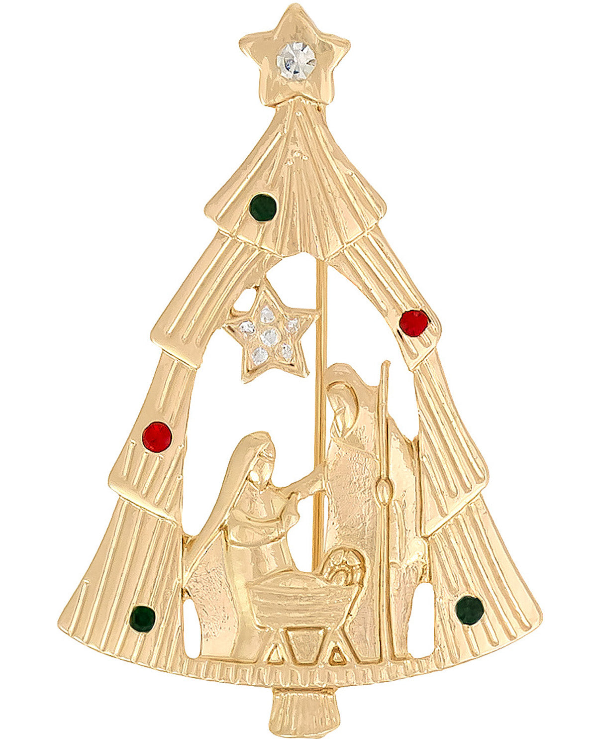 A gold Christmas tree-shaped brooch featuring a nativity scene with Mary, Joseph, and baby Jesus, accented with red and green enamel dots and clear rhinestones.