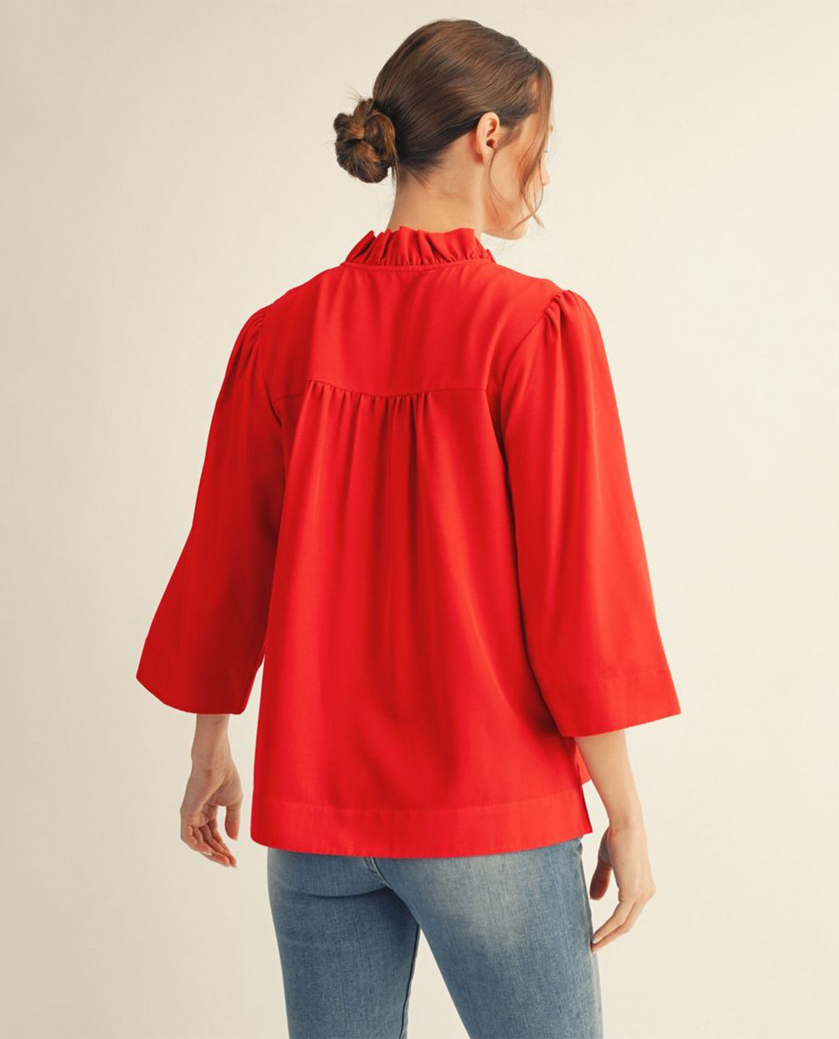 Jodifl Crinkle Solid Top With Ruffle Neckline Red