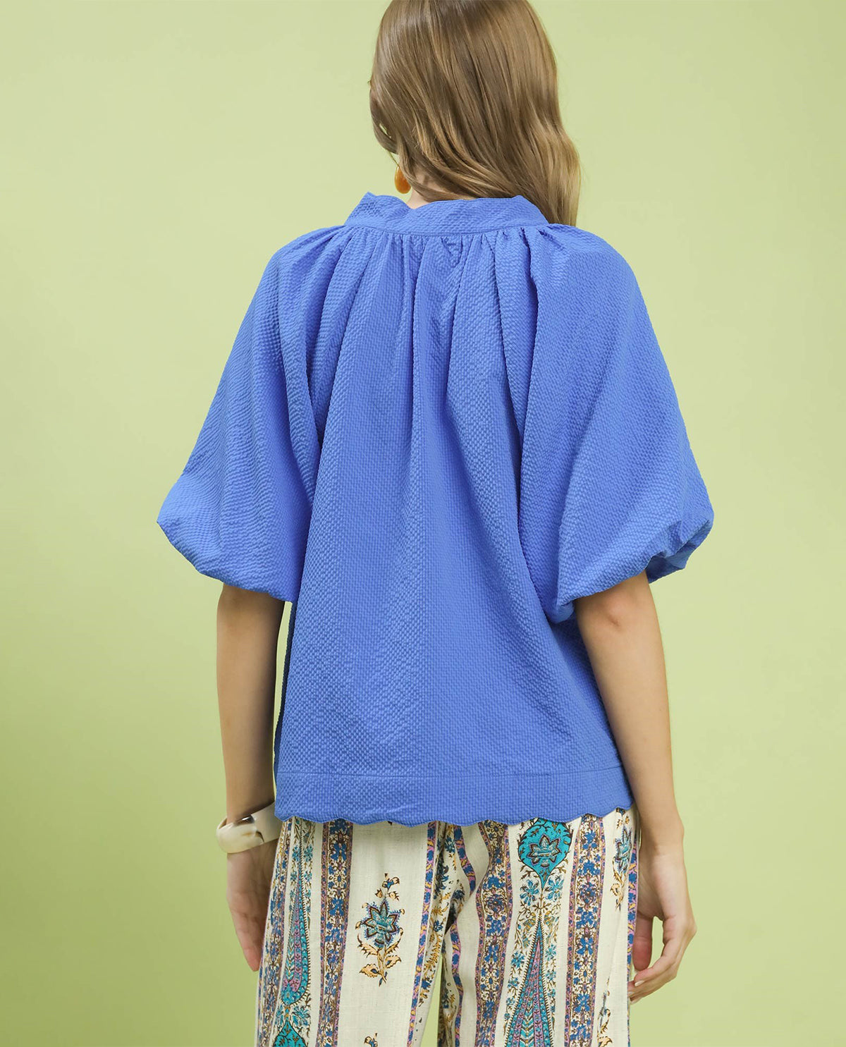 Umgee Solid Seersucker Bubble Sleeve Top Ocean