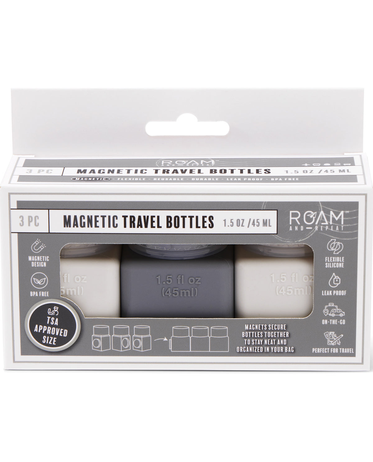 3PC Magnetic Travel Bottles Gray/White