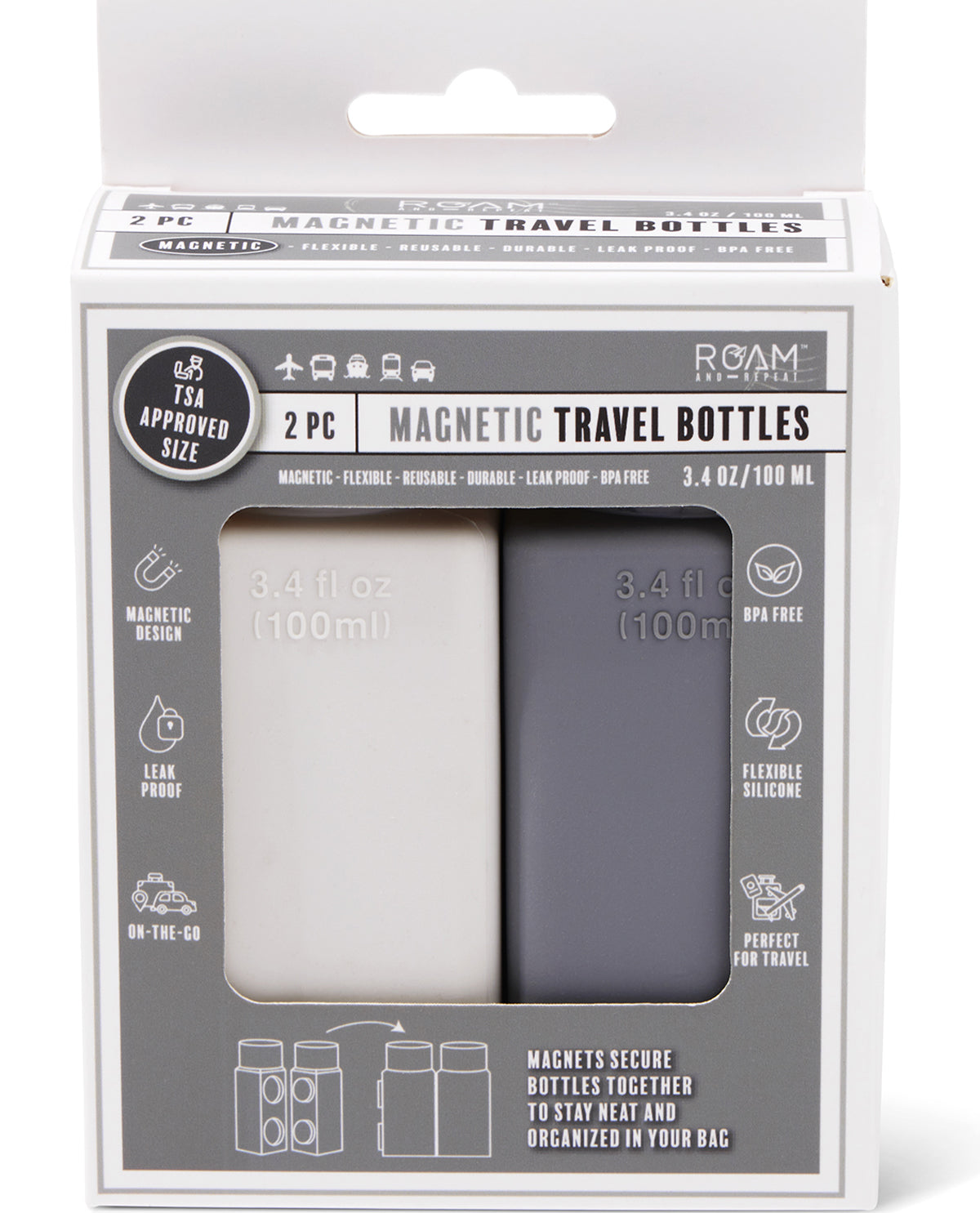 2PC Magnetic Travel Bottles Gray/White