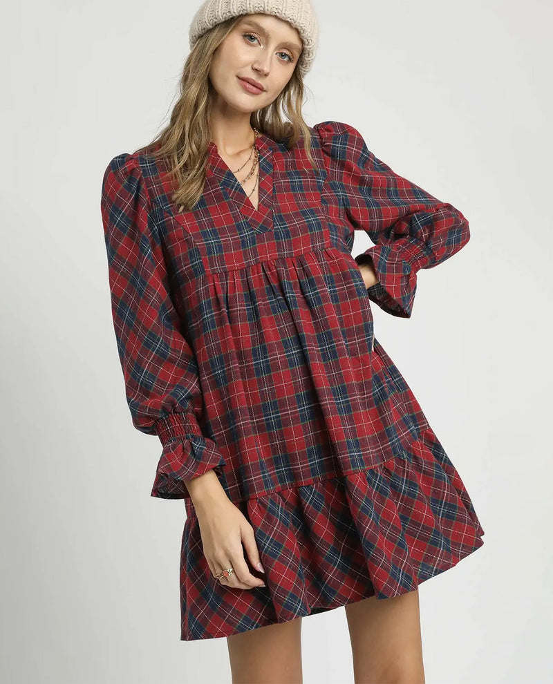Mix Plaid Tiered Dress Long Sleeves with Smocked Cuffs