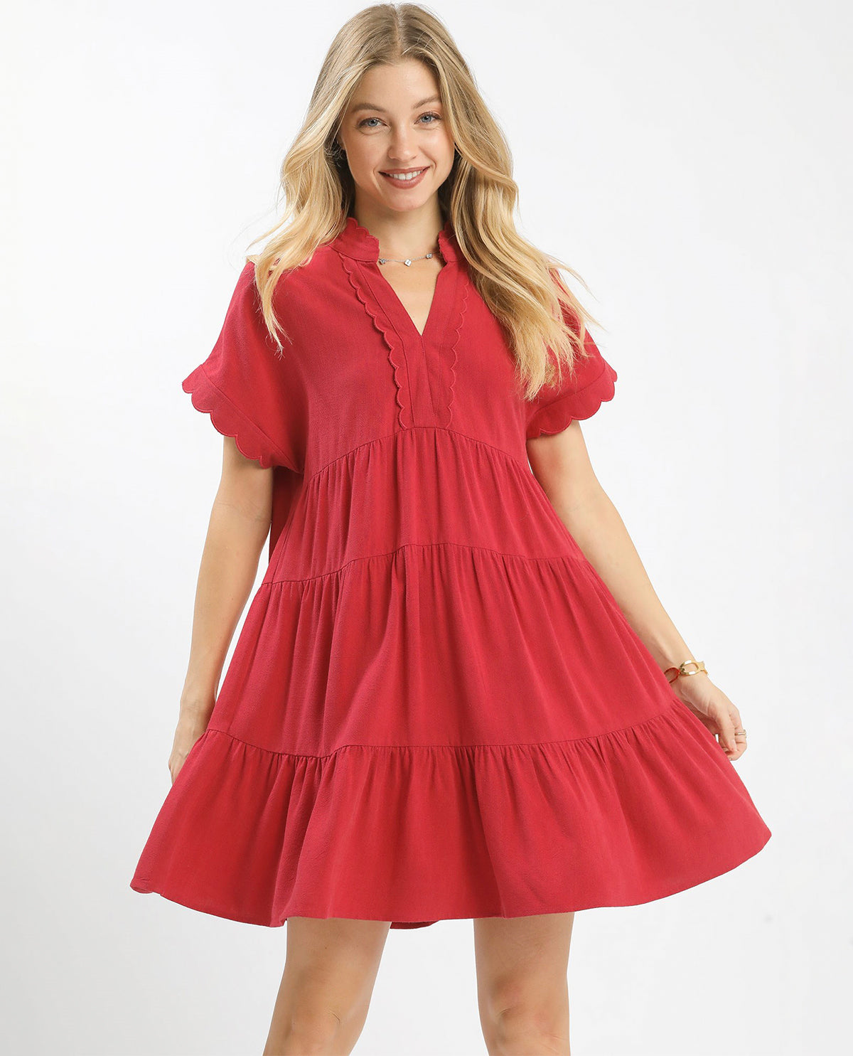 Umgee Solid Tiered Button Front Linen Dress Raspberry