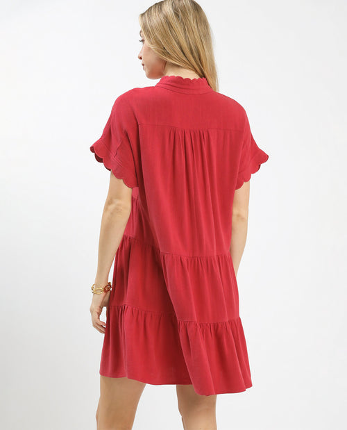 Umgee Solid Tiered Button Front Linen Dress Raspberry