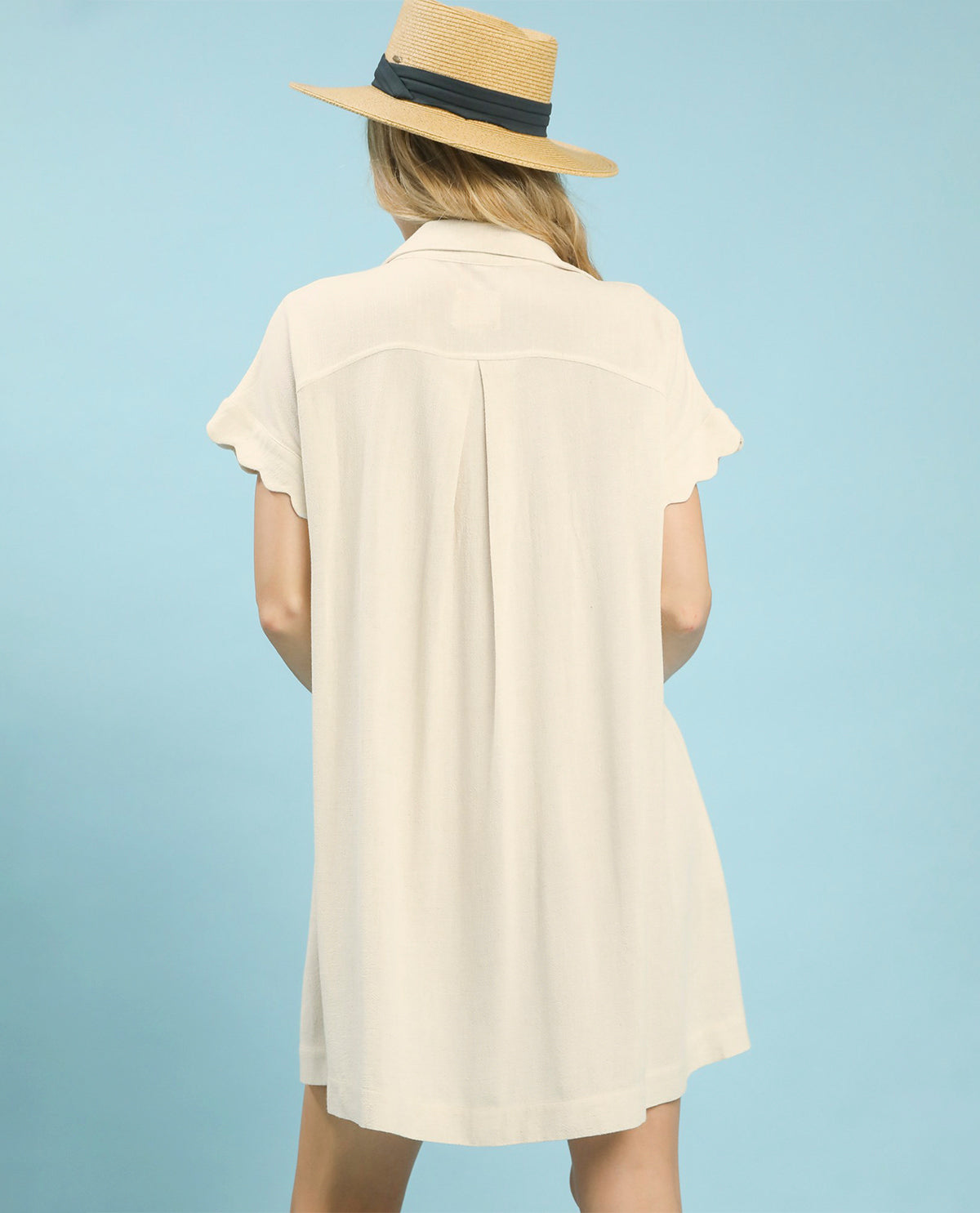 Umgee Solid Scallop Edge Linen Dress Oatmeal