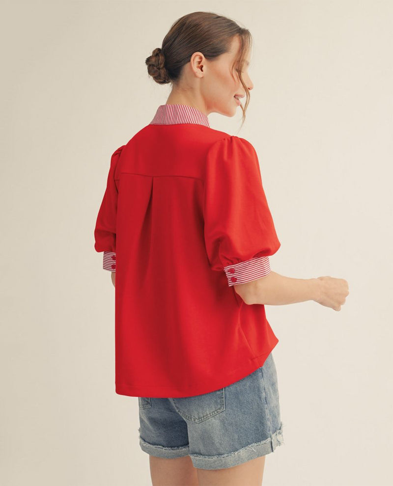 Jodifl Solid Notch Neck Top With Stripe Contrast Red