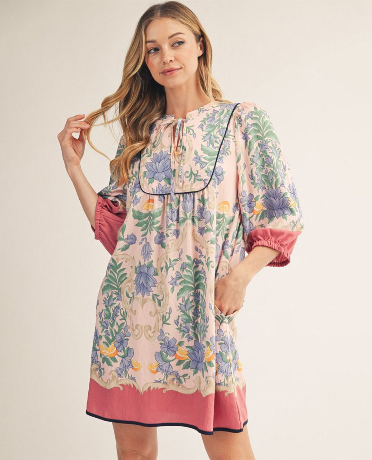 Jodfil Floral Print Dress With Solid Border Pink