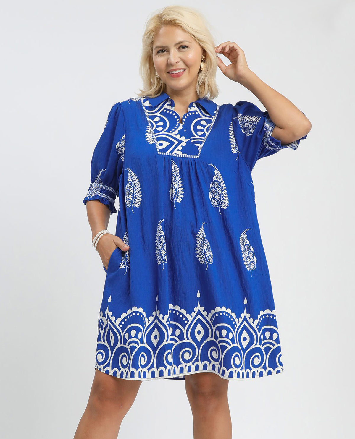 Umgee Print Open Collar Dress Azure