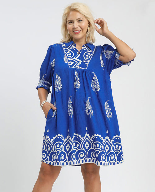 Umgee Print Open Collar Dress Azure