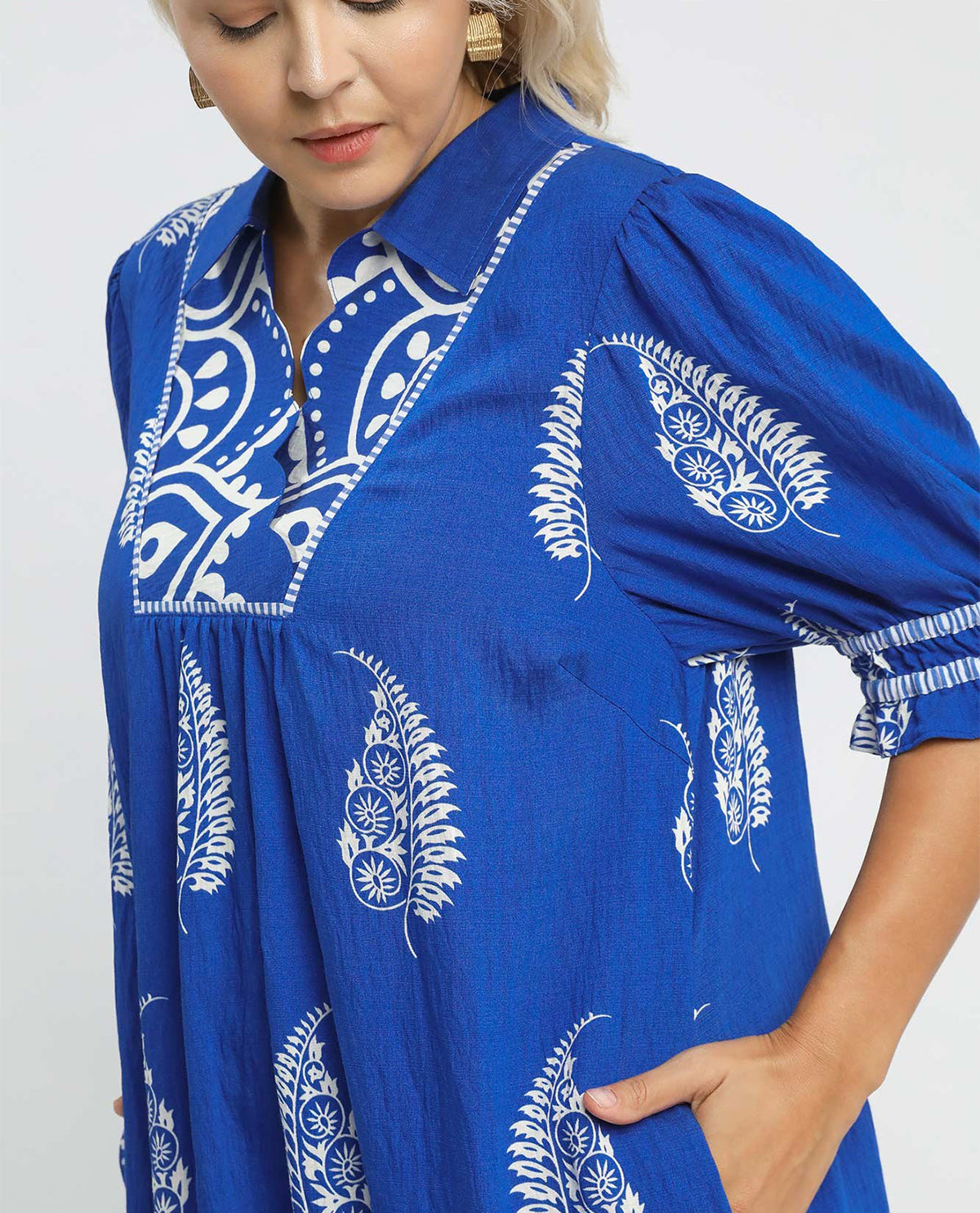 Umgee Print Open Collar Dress Azure