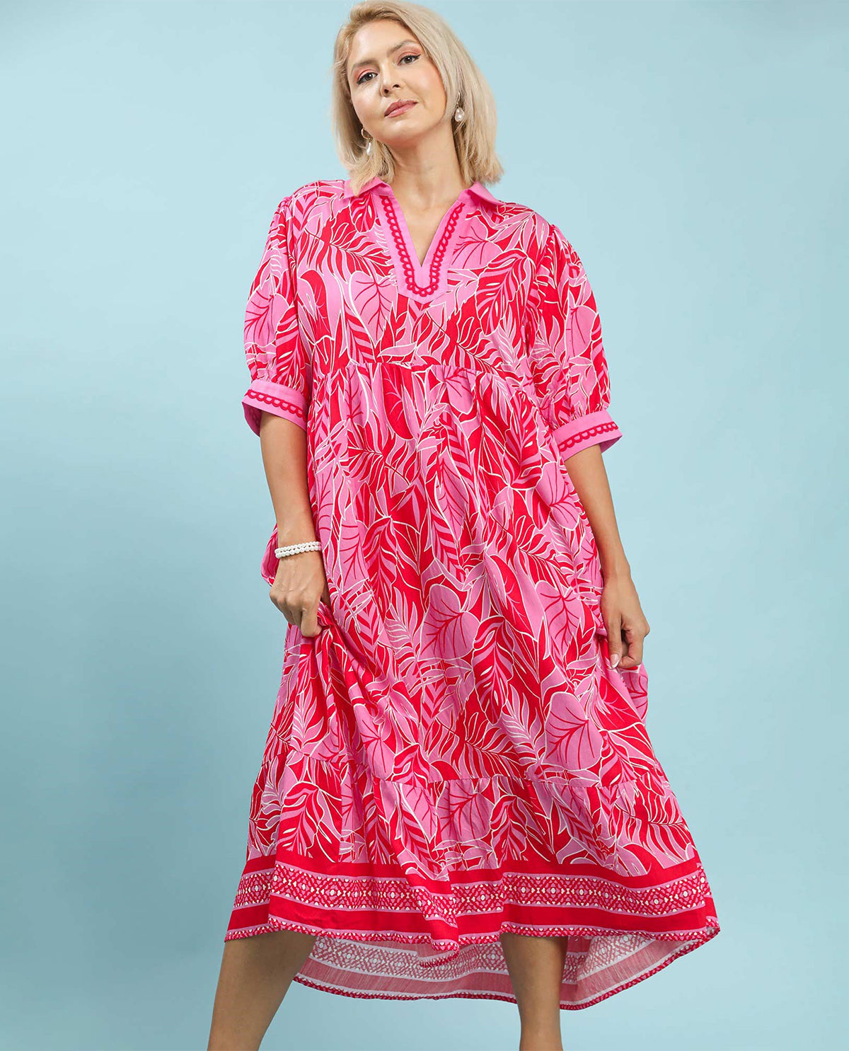 Umgee Leaf Print Tiered Dress Red