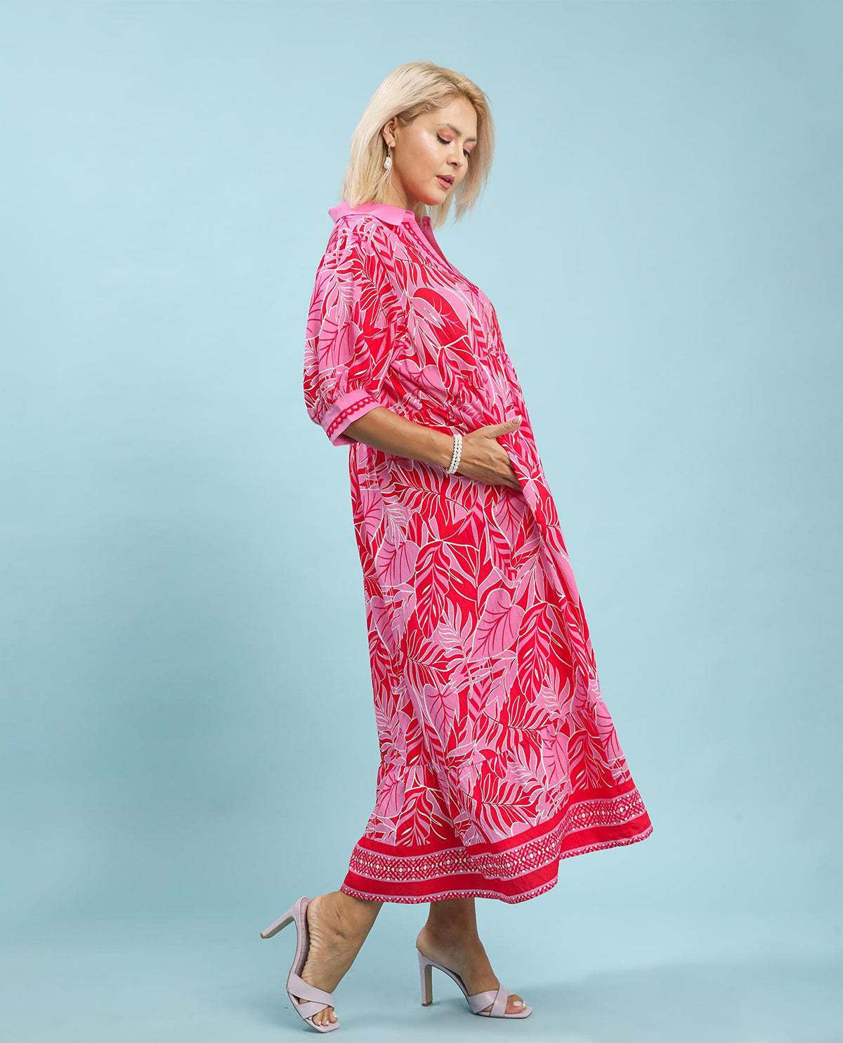 Umgee Leaf Print Tiered Dress Red