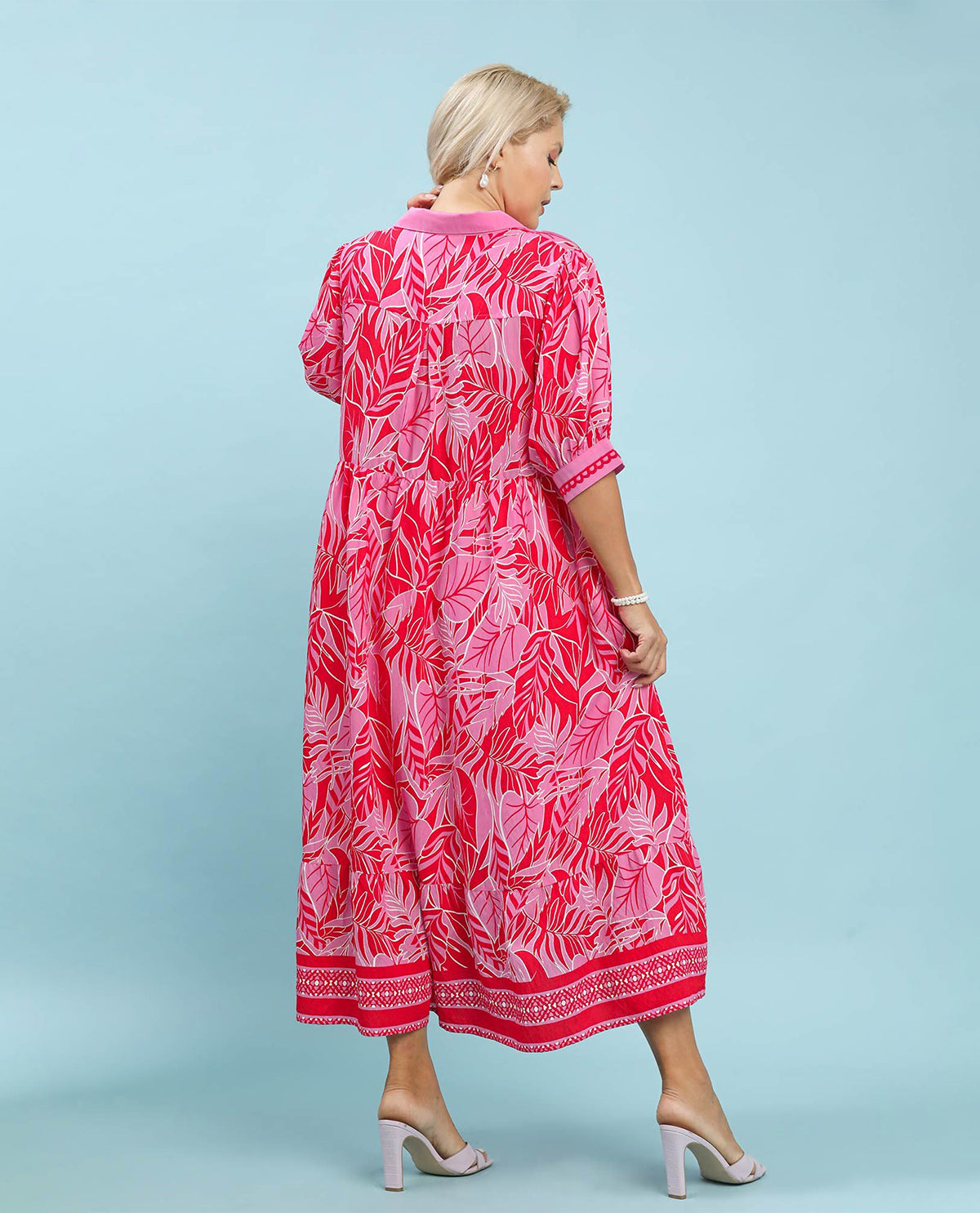 Umgee Leaf Print Tiered Dress Red